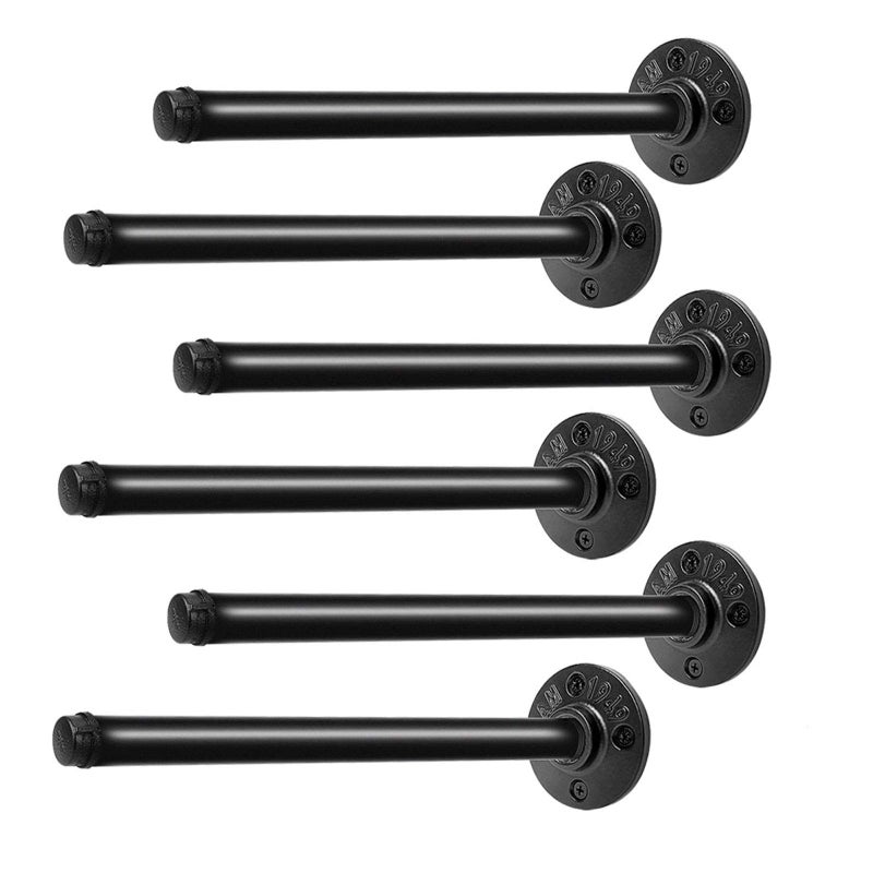 Qualward Pipe Shelf Brackets 10 Inch, Industrial Black Metal Wall Pipe Floating Shelf Bracket Heavy Duty Decorative Shelving Brackets for Wood Shelves, Rustic Farmhouse Vintage Style - 6 Pack - Image 1